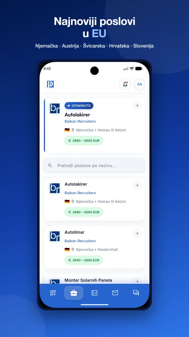 Lista poslova s filterima po zemlji i struci